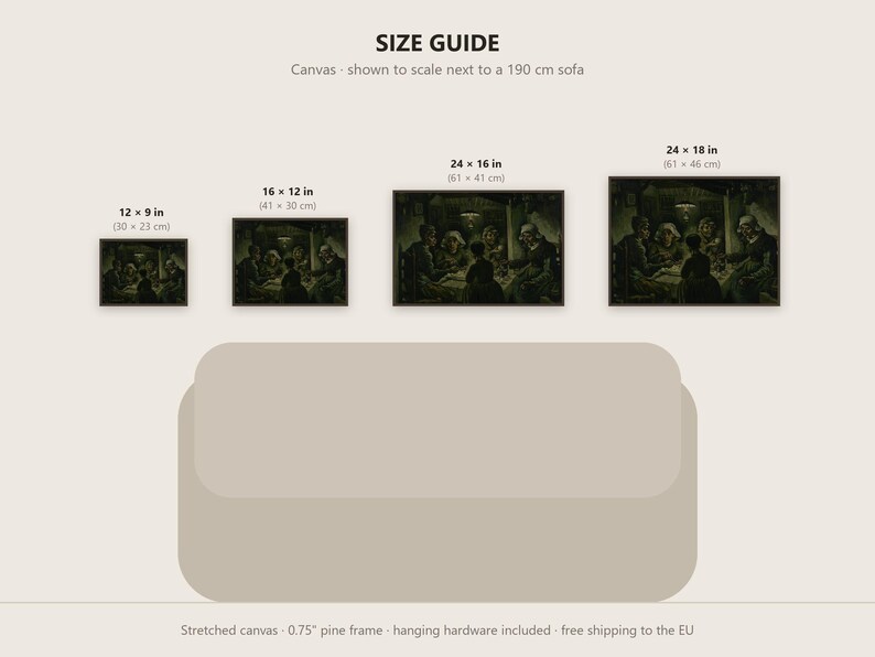 May include: A size guide graphic featuring four rectangular canvas prints of a dark interior scene with people around a table. Sizes include 30x23 cm, 41x30 cm, 61x41 cm, and 61x46 cm, displayed above an illustration of a 190 cm sofa.