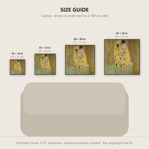 May include: A size guide for a square canvas print of Gustav Klimt's The Kiss, shown above a 190 cm sofa. Four sizes are displayed: 10 x 10 inches, 14 x 14 inches, 20 x 20 inches, and 24 x 24 inches. The canvas features a 0.75 inch pine frame.