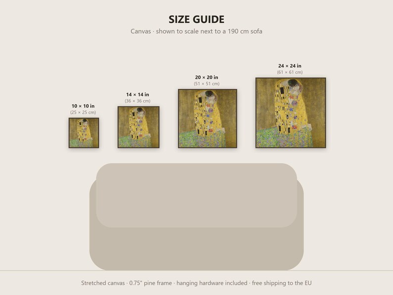 May include: A size guide for a square canvas print of Gustav Klimt's The Kiss, shown above a 190 cm sofa. Four sizes are displayed: 10 x 10 inches, 14 x 14 inches, 20 x 20 inches, and 24 x 24 inches. The canvas features a 0.75 inch pine frame.