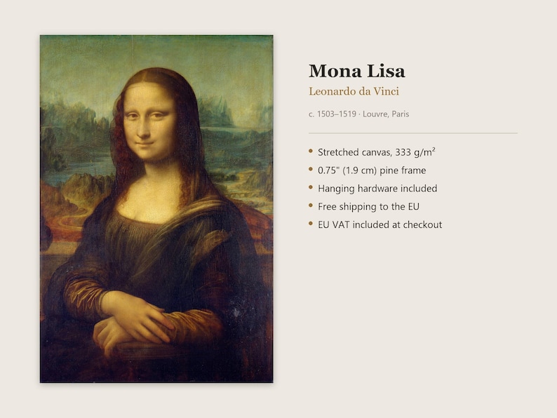May include: A reproduction of the Mona Lisa by Leonardo da Vinci on stretched canvas with a 0.75 inch pine frame. The painting features a seated figure with dark hair and a dark dress against a landscape background. Text includes Mona Lisa.