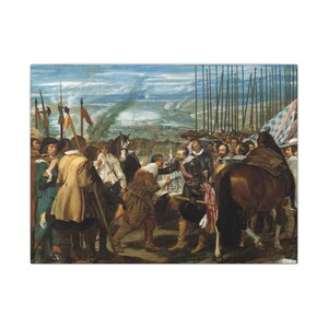 May include: An oil painting depicting a historical military scene with soldiers in period attire, including doublets and ruffs. Two central figures exchange a key, surrounded by men, horses, and tall pikes against a landscape background.