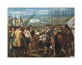 May include: An oil painting depicting a historical military scene with soldiers in period attire, including doublets and ruffs. Two central figures exchange a key, surrounded by men, horses, and tall pikes against a landscape background.