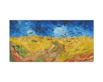 May include: A rectangular canvas print featuring a landscape painting of a golden wheat field under a turbulent dark blue sky. A dirt path winds through the center of the field, and a flock of black birds flies across the horizon.