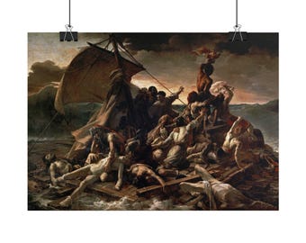 May include: A reproduction of The Raft of the Medusa painting, featuring a group of figures on a wooden raft at sea under a dark, stormy sky. The composition includes a large sail, numerous people in various poses of distress, and a person waving a cloth toward the horizon, rendered in deep brown, ochre, and muted tones.
