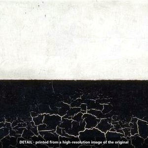 May include: A rectangular print featuring a horizontal split composition. The top half is a solid, smooth white surface. The bottom half is a deep black section characterized by a dense, intricate network of white cracks across the surface.