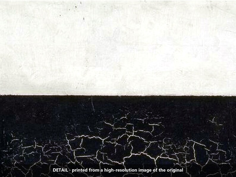 May include: A rectangular print featuring a horizontal split composition. The top half is a solid, smooth white surface. The bottom half is a deep black section characterized by a dense, intricate network of white cracks across the surface.