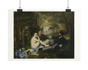 May include: A framed art print featuring a reproduction of a painting depicting a picnic in a wooded area. The scene shows two men in dark suits and a nude figure seated on the grass, with another figure bathing in the background.