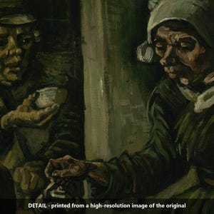 May include: An oil painting detail depicting two figures in dark, muted tones. One figure wears a cap and holds a small bowl, while the other wears a head covering and pours from a dark vessel. Text at the bottom reads: DETAIL - printed from a high-resolution image of the original.