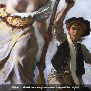 May include: An oil painting detail showing a figure in a flowing white dress with a yellow sash and red ribbon, holding a long wooden musket. Beside them, a young person in a dark vest and cap holds a small pistol, looking forward.