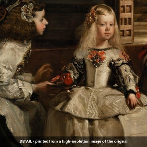 May include: A painting detail featuring two figures in white dresses with dark accents. The central figure has long blonde hair and a red floral ornament on the bodice, while the figure on the left has dark hair and a white hair accessory.