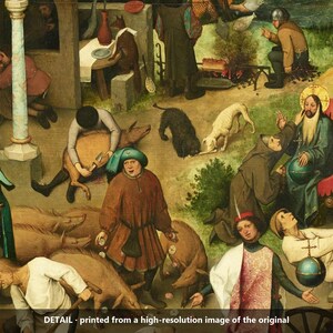 May include: A detailed oil painting scene featuring numerous figures in historical attire, including a central figure in a brown tunic, a seated person in a green robe with a halo, various animals, and a person in a white shirt and pink patterned vest.