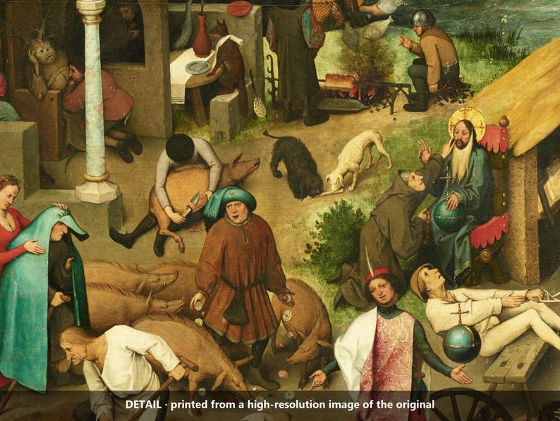 May include: A detailed oil painting scene featuring numerous figures in historical attire, including a central figure in a brown tunic, a seated person in a green robe with a halo, various animals, and a person in a white shirt and pink patterned vest.