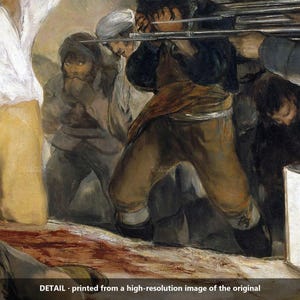 Op de afbeelding: Een olieverfschilderijdetail met figuren in donkere kleding en witte overhemden, waarbij een centrale figuur het gezicht bedekt. Rechts gloeit een rechthoekige lantaarn en op de grond ligt een rode vlek. Tekst: DETAIL - printed from a high-resolution image of the original.