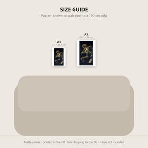 May include: A size guide graphic featuring two rectangular posters displayed above a 190 cm sofa. The left poster is labeled A4 at 21 x 29.7 cm, and the right poster is labeled A3 at 29.7 x 42 cm. Both posters display a dark, detailed illustration.