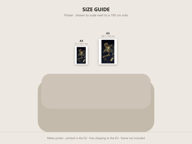 May include: A size guide graphic featuring two rectangular posters displayed above a 190 cm sofa. The left poster is labeled A4 at 21 x 29.7 cm, and the right poster is labeled A3 at 29.7 x 42 cm. Both posters display a dark, detailed illustration.