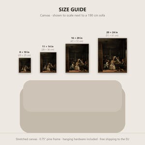 May include: A size guide for canvas prints featuring four rectangular framed artworks of varying sizes: 8x10, 11x14, 16x20, and 20x24 inches. The prints are displayed above a 190 cm sofa illustration, showing scale and dimensions.