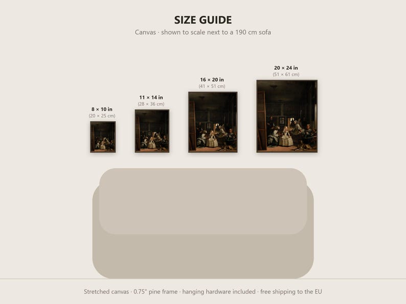 May include: A size guide for canvas prints featuring four rectangular framed artworks of varying sizes: 8x10, 11x14, 16x20, and 20x24 inches. The prints are displayed above a 190 cm sofa illustration, showing scale and dimensions.