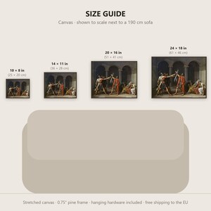 May include: A size guide for a canvas print featuring the Oath of the Horatii painting. Four sizes are displayed above a 190 cm sofa illustration: 10x8, 14x11, 20x16, and 24x18 inches. Text includes 'SIZE GUIDE' and '0.75 inch pine frame'.