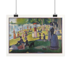 May include: A pointillist art print depicting a park scene by a river with numerous figures in period clothing, including people with umbrellas, a dog, and a monkey, rendered in a vibrant palette of green, blue, and warm earth tones.