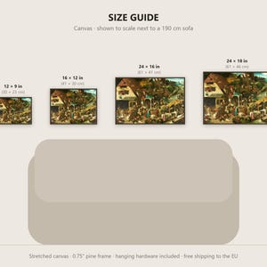 May include: A size guide graphic displaying four rectangular canvas prints of a village scene above a 190 cm sofa. Sizes include 12x9 in, 16x12 in, 24x16 in, and 24x18 in. The text reads SIZE GUIDE, Canvas - shown to scale next to a 190 cm sofa.