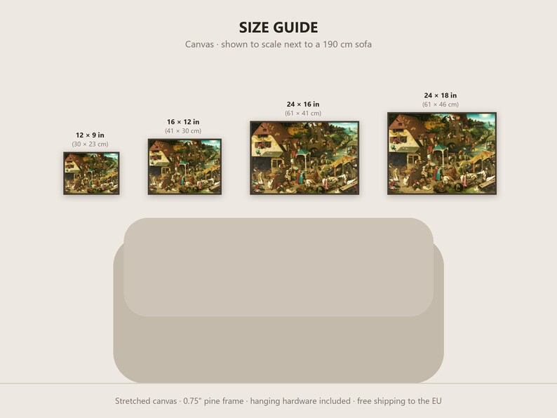 May include: A size guide graphic displaying four rectangular canvas prints of a village scene above a 190 cm sofa. Sizes include 12x9 in, 16x12 in, 24x16 in, and 24x18 in. The text reads SIZE GUIDE, Canvas - shown to scale next to a 190 cm sofa.