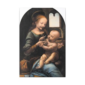 May include: A painting depicting a person with light brown hair and a golden halo holding a small child with a golden halo. The person wears a dark green garment with gold accents, while the child is nude. A window is visible in the background.