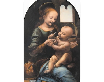May include: A painting depicting a person with light brown hair and a golden halo holding a small child with a golden halo. The person wears a dark green garment with gold accents, while the child is nude. A window is visible in the background.