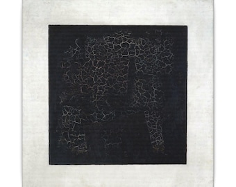 May include: A square painting featuring a large, central black field with a prominent network of white, web-like cracks across its surface. The black square is framed by a wide, solid white border with a subtle, linear horizontal texture.