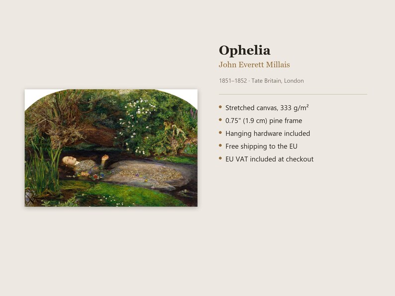 Puede incluir: Una reproducci&oacute;n de la pintura Ophelia de John Everett Millais, que muestra una figura flotando en un arroyo rodeado de vegetaci&oacute;n y flores. La obra est&aacute; impresa en lienzo estirado con un marco de madera de pino de 1,9 cm.
