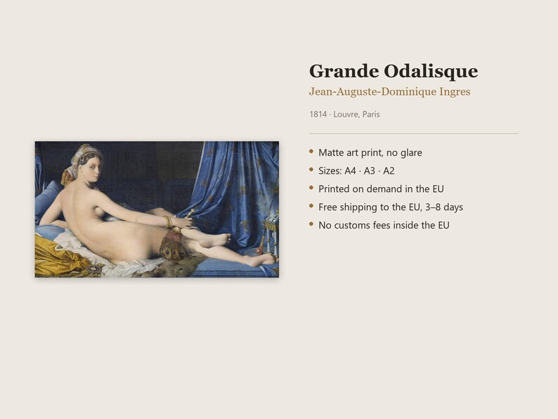 May include: An art print of the painting Grande Odalisque by Jean-Auguste-Dominique Ingres, dated 1814. The image depicts a reclining figure on blue drapery and white fabric, with gold accents. Text includes the title, artist, and date.