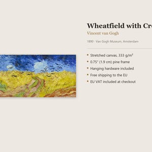 May include: A stretched canvas print of Vincent van Gogh's 1890 painting Wheatfield with Crows, featuring a yellow wheat field under a dark blue sky with black birds. The product includes a 0.75 inch pine frame and hanging hardware.
