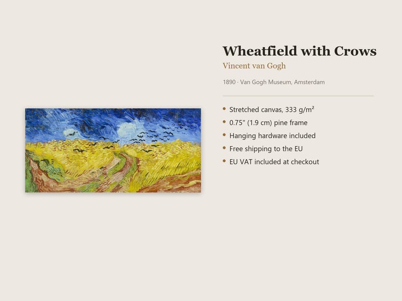 May include: A stretched canvas print of Vincent van Gogh's 1890 painting Wheatfield with Crows, featuring a yellow wheat field under a dark blue sky with black birds. The product includes a 0.75 inch pine frame and hanging hardware.