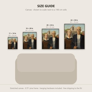 May include: A size guide graphic displaying four framed canvas prints of American Gothic, labeled with dimensions 11x14, 16x20, 20x24, and 24x30 inches, positioned above a 190 cm sofa illustration with a 0.75 inch pine frame detail.