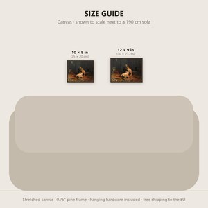Pu&ograve; includere: Una guida alle dimensioni che mostra due stampe rettangolari su tela sopra un divano da 190 cm. Le stampe sono etichettate 10 x 8 pollici e 12 x 9 pollici. Il testo recita SIZE GUIDE, Canvas - shown to scale next to a 190 cm sofa.