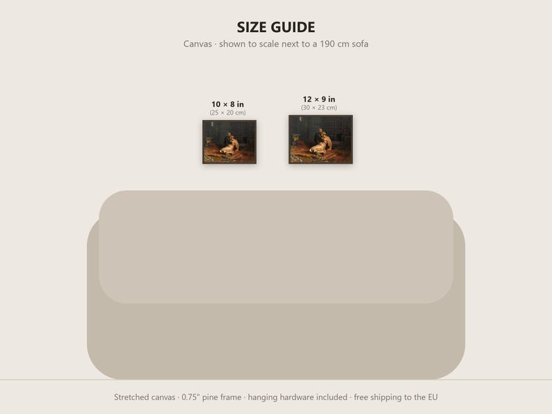 Pu&ograve; includere: Una guida alle dimensioni che mostra due stampe rettangolari su tela sopra un divano da 190 cm. Le stampe sono etichettate 10 x 8 pollici e 12 x 9 pollici. Il testo recita SIZE GUIDE, Canvas - shown to scale next to a 190 cm sofa.
