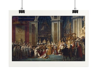 May include: A framed art print depicting the coronation of Napoleon, featuring a large assembly of figures in historical attire within a grand cathedral setting, with rich gold, red, and blue tones throughout the detailed composition.