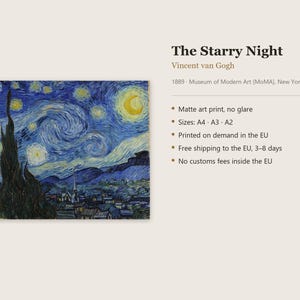 May include: A matte art print of Vincent van Gogh's The Starry Night, 1889. The image features a dark blue swirling night sky with a bright yellow crescent moon and stars above a dark cypress tree and a small village with a church steeple.