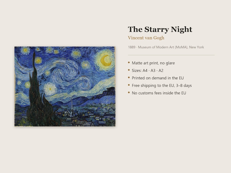 May include: A matte art print of Vincent van Gogh's The Starry Night, 1889. The image features a dark blue swirling night sky with a bright yellow crescent moon and stars above a dark cypress tree and a small village with a church steeple.