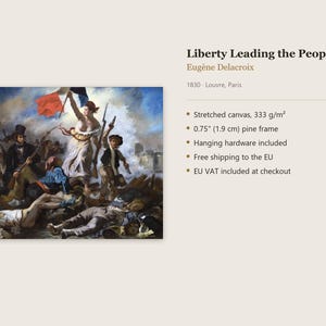 K&ouml;nnte beinhalten: Eine Reproduktion des Gem&auml;ldes Die Freiheit f&uuml;hrt das Volk von Eug&egrave;ne Delacroix aus dem Jahr 1830. Das Kunstwerk ist auf eine gespannte Leinwand mit einem 1,9 cm starken Kiefernholzrahmen gedruckt und enth&auml;lt Befestigungsmaterial.