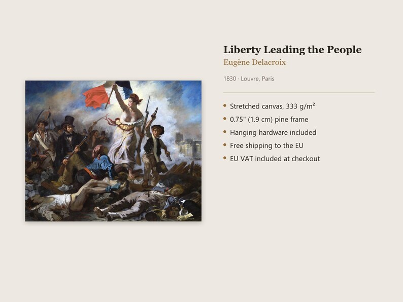 K&ouml;nnte beinhalten: Eine Reproduktion des Gem&auml;ldes Die Freiheit f&uuml;hrt das Volk von Eug&egrave;ne Delacroix aus dem Jahr 1830. Das Kunstwerk ist auf eine gespannte Leinwand mit einem 1,9 cm starken Kiefernholzrahmen gedruckt und enth&auml;lt Befestigungsmaterial.