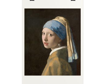 May include: A portrait of a person wearing a blue headscarf and a yellow garment, featuring a large white pearl earring. The subject is positioned against a dark background, looking over their shoulder with a neutral expression.