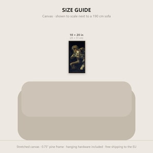 May include: A size guide graphic featuring a rectangular canvas print measuring 10 by 20 inches. The canvas displays a dark, detailed artwork and is shown to scale above a 190 cm sofa. The text reads SIZE GUIDE and 10 x 20 in (25 x 51 cm).