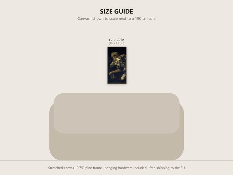 May include: A size guide graphic featuring a rectangular canvas print measuring 10 by 20 inches. The canvas displays a dark, detailed artwork and is shown to scale above a 190 cm sofa. The text reads SIZE GUIDE and 10 x 20 in (25 x 51 cm).