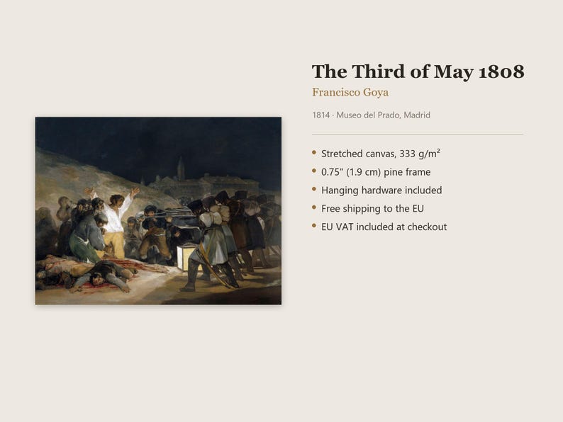 Op de afbeelding: Een reproductie van het schilderij De derde mei 1808 van Francisco Goya, met een groep soldaten en burgers op een opgespannen canvas met een grenenhouten frame van 1,9 cm en inclusief ophangmateriaal voor aan de muur.