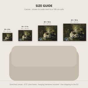 May include: A size guide for canvas prints featuring the painting Le D&eacute;jeuner sur l'herbe. Four sizes are displayed: 10x8 in, 14x11 in, 20x16 in, and 24x18 in, shown to scale above a 190 cm sofa. Includes a 0.75 inch pine frame.