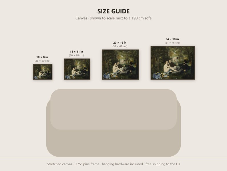 May include: A size guide for canvas prints featuring the painting Le D&eacute;jeuner sur l'herbe. Four sizes are displayed: 10x8 in, 14x11 in, 20x16 in, and 24x18 in, shown to scale above a 190 cm sofa. Includes a 0.75 inch pine frame.