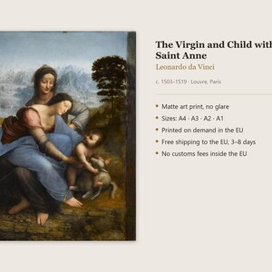 May include: A matte art print of Leonardo da Vinci's painting The Virgin and Child with Saint Anne. The image depicts three figures and a lamb in a landscape. Text includes the title, artist name, date, location, and print details.