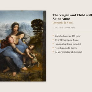 Puede incluir: Una reproducci&oacute;n de la pintura La Virgen, el Ni&ntilde;o Jes&uacute;s y Santa Ana de Leonardo da Vinci, sobre lienzo estirado de 333 g/m&sup2; con un marco de pino de 1,9 cm. La obra muestra tres figuras y un cordero en un paisaje.