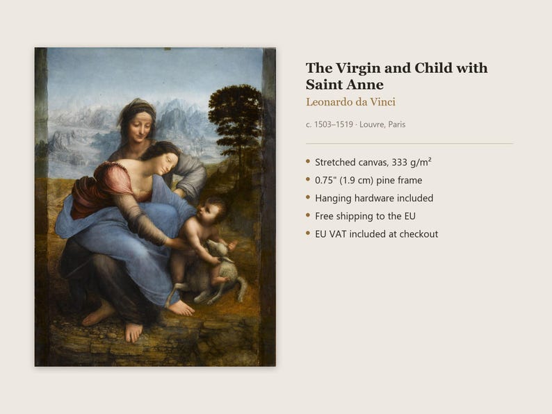 Puede incluir: Una reproducci&oacute;n de la pintura La Virgen, el Ni&ntilde;o Jes&uacute;s y Santa Ana de Leonardo da Vinci, sobre lienzo estirado de 333 g/m&sup2; con un marco de pino de 1,9 cm. La obra muestra tres figuras y un cordero en un paisaje.