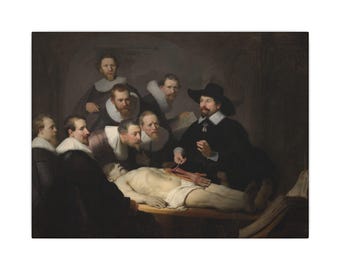 May include: An oil painting depicting a group of men in dark 17th-century attire with white collars gathered around a cadaver on a table. One man in a black hat holds a tool, demonstrating an anatomical dissection of the arm.